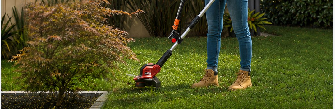 Using an Upogddy cordless trimmer to edge the lawn along a garden bed
